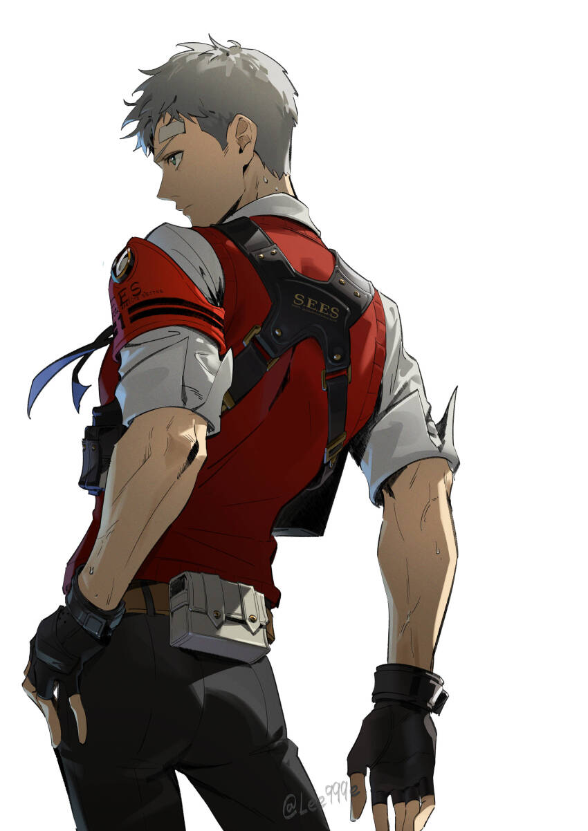 1boy absurdres back bandaid bandaid_on_head belt black_gloves closed_mouth collared_shirt fingerless_gloves gloves grey_eyes grey_hair grey_pants highres lee999nine male_focus pants persona persona_3 red_vest sanada_akihiko shirt short_hair simple_background solo standing twitter_username v-shaped_eyebrows vest white_background white_shirt