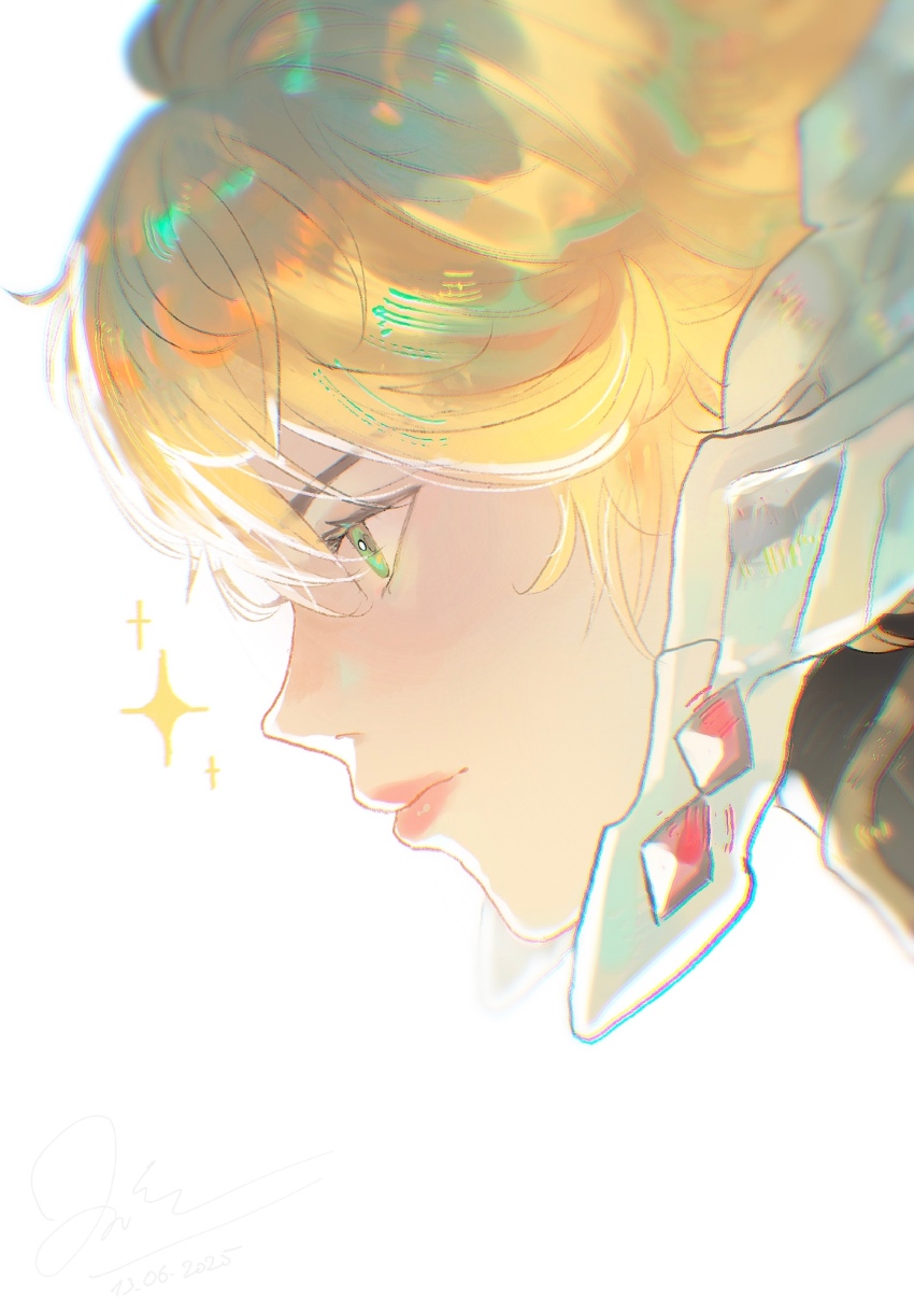 1girl blonde_hair closed_mouth commentary fiora_(xenoblade) from_side green_eyes highres looking_ahead mecha-fiora melia_art pink_lips simple_background solo sparkle white_background xenoblade_chronicles_(series) xenoblade_chronicles_1