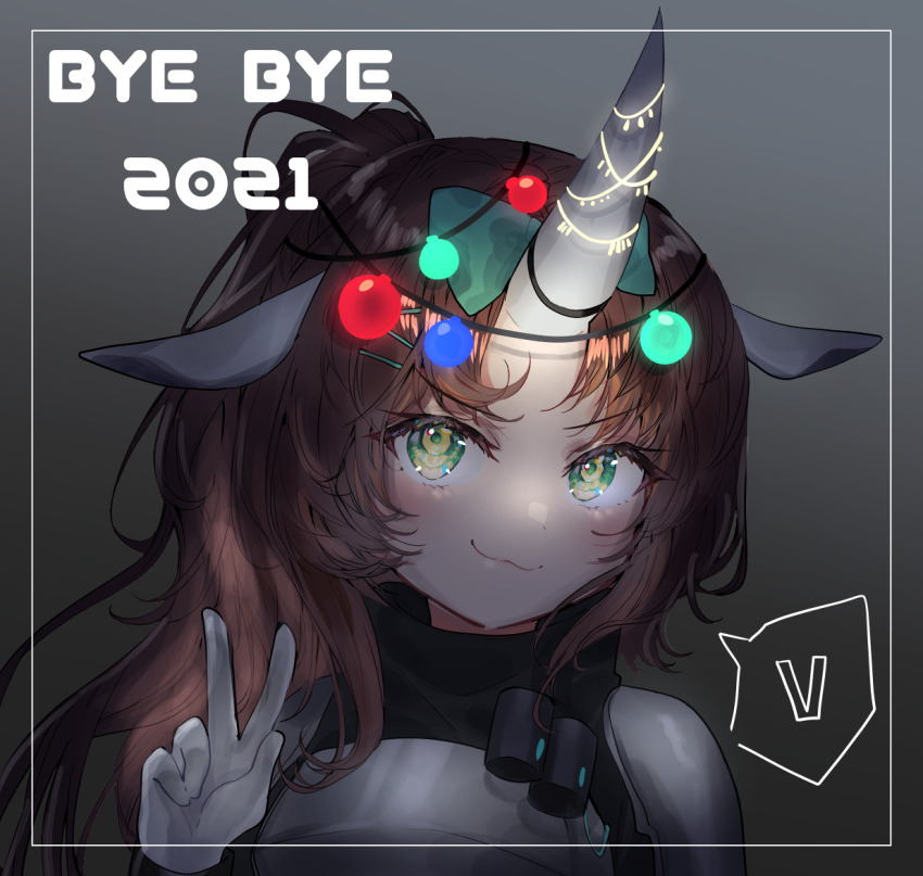 1girl 2021 414_(hncx3355) :3 animal_ears arknights armor blush border bow breastplate brown_hair bubble_(arknights) christmas_lights dark_background english_text eyelashes framed gloves gradient_background green_bow green_eyes hair_bow hair_ornament hairpin horn_ornament horns looking_at_viewer medium_hair new_year new_year&#039;s_eve pauldrons ponytail portrait rhinoceros_ears rhinoceros_girl shoulder_armor simple_background single_horn smile solo speech_bubble spoken_letter turtleneck v v-shaped_eyebrows white_gloves