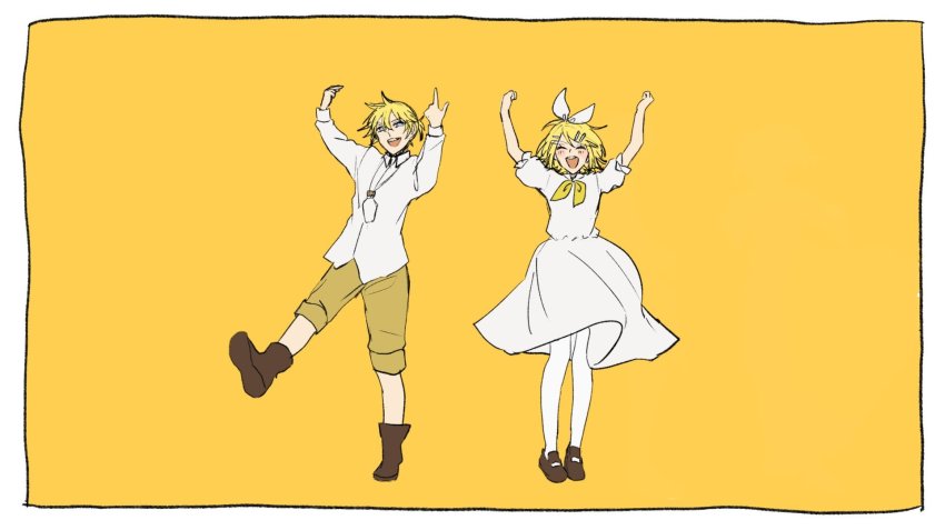 :d arms_up blonde_hair bow evillious_nendaiki gretel_(evillious_nendaiki) hair_bow hansel_(evillious_nendaiki) highres kagamine_len kagamine_rin open_mouth short_hair short_sleeves siblings sleeves_rolled_up smile twins vocaloid warabi_(danngo-mitarasi) yellow_background