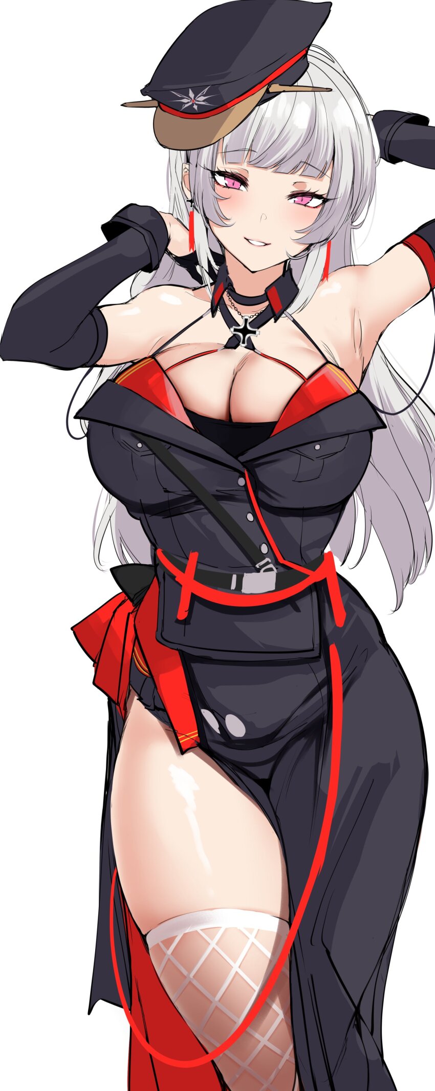 1girl absurdres agetama armpits arms_up azur_lane black_dress black_gloves black_hat blunt_bangs breasts cleavage cross dress elbow_gloves fishnet_thighhighs fishnets gloves hat highres iron_cross large_breasts military_uniform paid_reward_available parted_lips peaked_cap pink_eyes red_dress seductive_smile side_slit simple_background skindentation smile solo thighhighs tilted_headwear two-tone_dress white_background white_hair white_thighhighs yorck_(azur_lane)