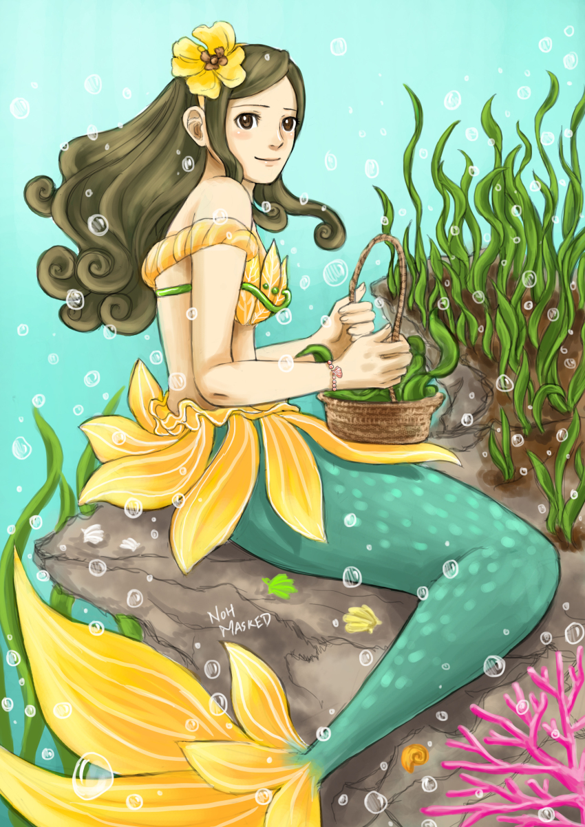 1girl absurdres ace_attorney algae artist_name basket bikini bracelet brown_eyes brown_hair bubble coral flower hair_flower hair_ornament highres jewelry juniper_woods mermaid monster_girl noh_masked phoenix_wright:_ace_attorney_-_dual_destinies sitting smile solo swimsuit underwater yellow_bikini
