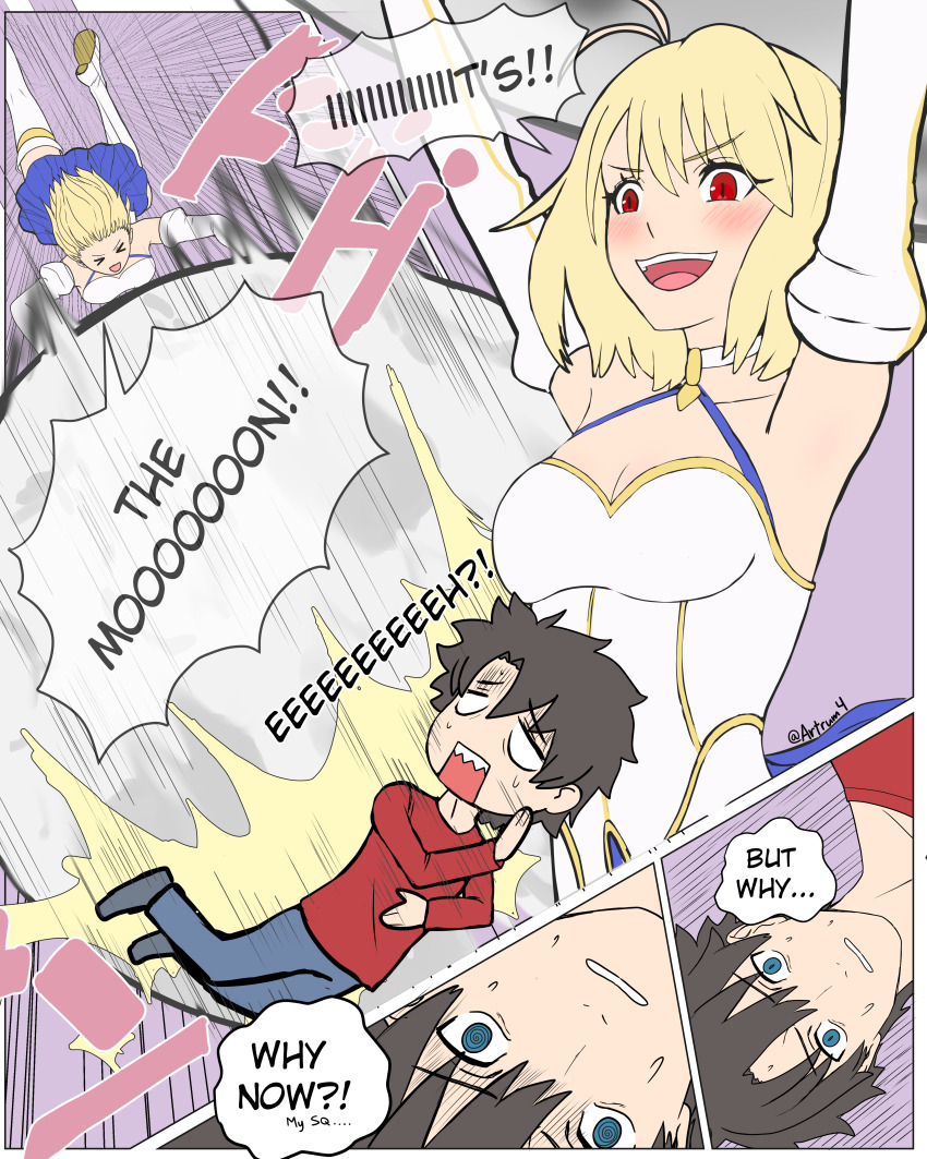 1boy absurdres ahoge arcueid_brunestud artrum4 blonde_hair blue_eyes blue_skirt blush breasts brown_hair choker cleavage dress elbow_gloves english_text fate/grand_order fate_(series) fujimaru_ritsuka_(male) gloves gold_trim highres jojo_no_kimyou_na_bouken magical_girl miniskirt moon original parody phantas-moon red_eyes road_roller_da!_(meme) short_hair skirt sweatdrop thighhighs tsukihime