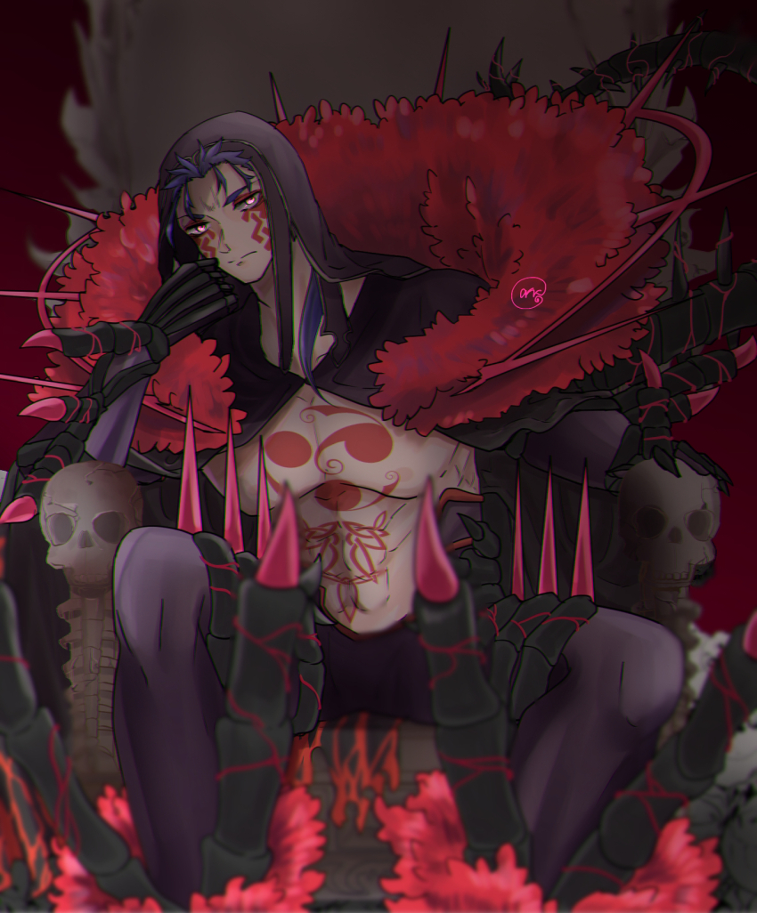 1boy abs angry black_pants blue_hair bodypaint cape closed_mouth cu_chulainn_(fate) cu_chulainn_alter_(fate) cu_chulainn_alter_(third_ascension)_(fate) dark_blue_hair dark_persona detached_hood facepaint fate/grand_order fate_(series) fur-trimmed_cape fur_trim highres hood hood_up long_hair male_focus monster_boy muscular muscular_male navel pants pectorals ponytail red_eyes sitting skin_tight skull solo spikes tail topless_male