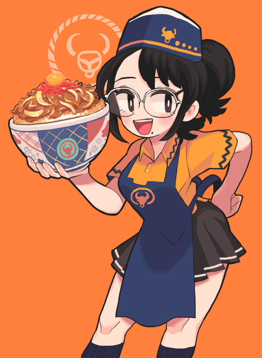 1girl apron black_hair black_skirt black_socks blush bowl collared_shirt commentary feet_out_of_frame food gashi-gashi glasses hand_on_own_hip hat highres mole mole_under_mouth open_mouth orange_background orange_shirt original over-rim_eyewear pleated_skirt semi-rimless_eyewear shirt short_sleeves skirt smile socks solo symbol-only_commentary white-framed_eyewear