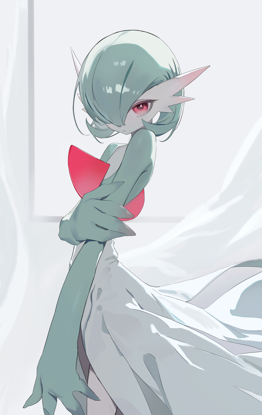 1girl absurdres arm_at_side backlighting blush bob_cut closed_mouth colored_skin cowboy_shot ear_blush female_focus flat_chest from_side gardevoir gen_3_pokemon green_hair green_skin grey_background hair_over_one_eye hand_up highres holding_own_arm looking_at_viewer multicolored_skin nintendo nsnnvldbrs99n one_eye_covered pokemon pokemon_(creature) red_eyes short_hair solo standing two-tone_skin white_skin