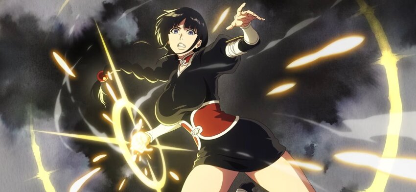 1girl badge black_hair bleach bleach:_brave_souls bleach:_sennen_kessen-hen braid braided_ponytail breasts choker clenched_teeth dynamic_pose energy_ball feet_out_of_frame female_focus fighting_stance fukutaichou_badge highres japanese_clothes kimono kurotsuchi_nemu large_breasts light_particles long_hair official_art second-party_source smoke solo solo_focus teeth thighs