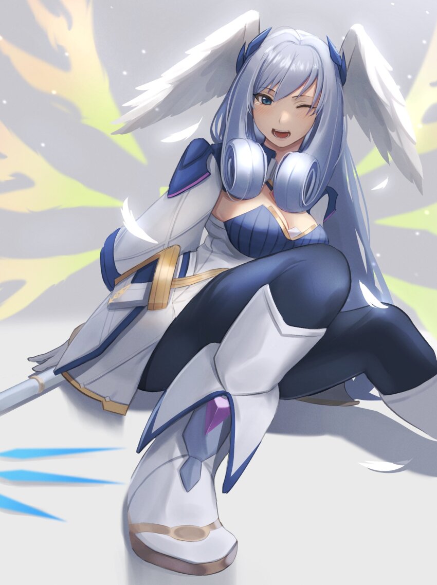 1girl blue_eyes blush breasts curly_hair dress gloves grey_hair head_wings highres large_breasts long_hair long_sleeves looking_at_viewer medaman melia_antiqua one_eye_closed pantyhose simple_background smile solo wings xenoblade_chronicles_(series) xenoblade_chronicles_1 xenoblade_chronicles_3