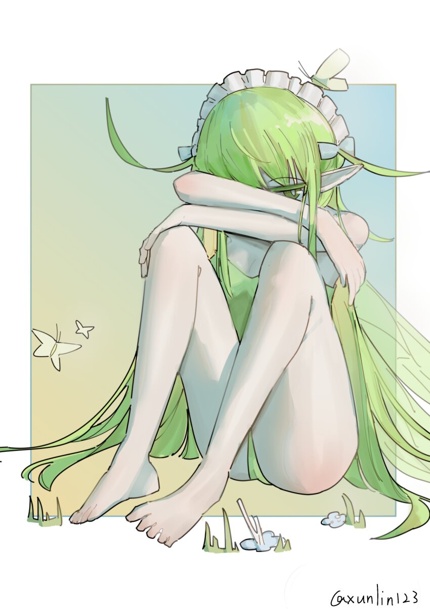 1girl absurdres arm_rest bare_shoulders barefoot black_souls breasts bright_pupils bug butterfly cleavage commentary crossed_arms full_body green_eyes green_hair green_leotard hand_on_own_knee highres insect knees_up leaf_(black_souls) leotard long_hair maid_headdress pointy_ears sitting solo twitter_username very_long_hair white_pupils xun_lin_(pixiv_93392103)