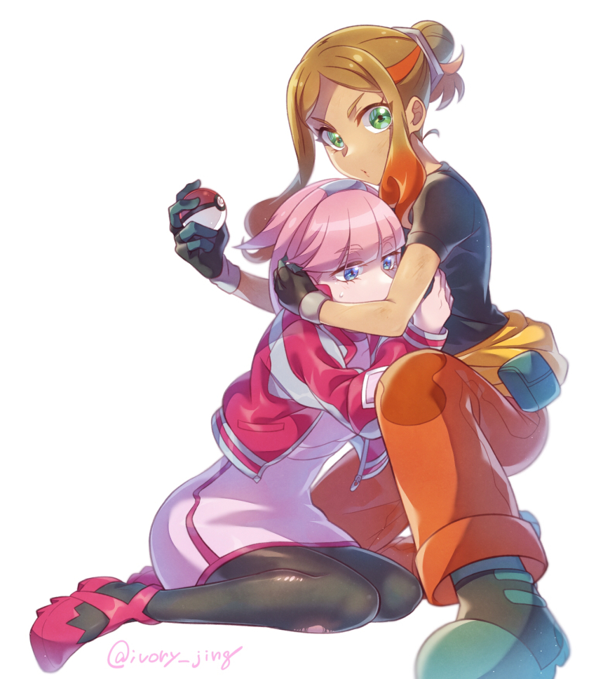 2girls artist_name blue_eyes brown_hair gloves green_eyes hair_bun highres holding holding_poke_ball hug ivory_(25680nico) jacket long_hair medium_hair mollie_(pokemon) multiple_girls nintendo orla_(pokemon) pants pantyhose pink_hair poke_ball pokemon pokemon_(anime) pokemon_horizons pouch protecting shirt shoes simple_background t-shirt white_background yuri