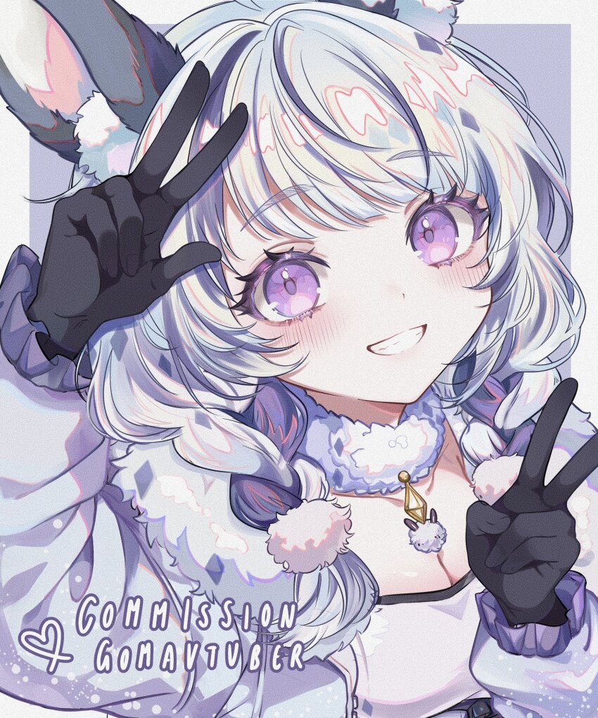 1girl absurdres animal_ear_fluff animal_ears black_gloves blush breasts character_name cleavage commentary commission english_commentary fur_trim gloves gomavtuber grin highres indie_virtual_youtuber looking_at_viewer multicolored_hair smile solo streaked_hair swept_bangs teeth upper_body v vgen_commission virtual_youtuber white_hair yunatie0