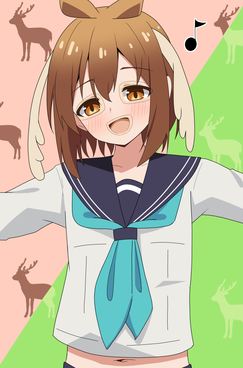 1girl absurdres antlers bashame_meme brown_hair cosplay deer deer_antlers deer_girl green_hair highres horns hosinonana long_sleeves neckerchief open_mouth plant_hair sailor_collar school_uniform serafuku shikanoko_noko shikanoko_noko_(cosplay) shikanoko_nokonoko_koshitantan shirt short_hair skin_suit skinsuit skirt smile white_shirt