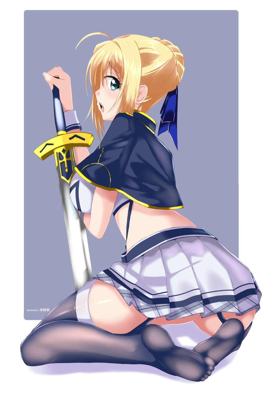 10s 1girl absurdres alzano_school_uniform artoria_pendragon_(fate) black_thighhighs blonde_hair braid braided_bun breasts excalibur_(fate/stay_night) excalibur_(mythology) fate_(series) feet female_focus from_behind green_eyes hair_bun hand_on_sword highres incro300 large_breasts looking_at_viewer looking_back no_shoes rokudenashi_majutsu_koushi_to_akashic_record saber_(fate) school_uniform sitting soles solo thighhighs wariza
