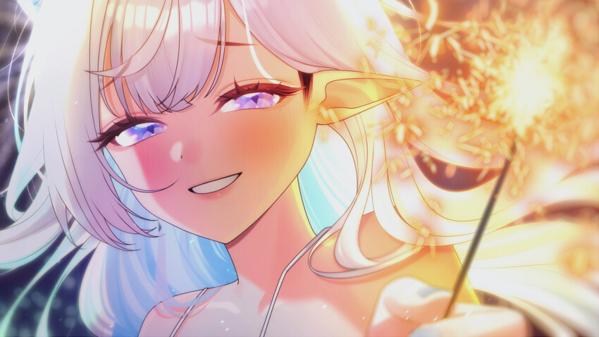 1girl blue_hair blush colored_inner_hair diamond-shaped_pupils diamond_(shape) eyelashes fireworks halo_sweety halo_sweety_(artist) highres holding holding_fireworks indie_virtual_youtuber long_hair mole mole_under_eye multicolored_hair nail_polish pointy_ears purple_eyes smile solo sparkler symbol-shaped_pupils upper_body virtual_youtuber white_hair