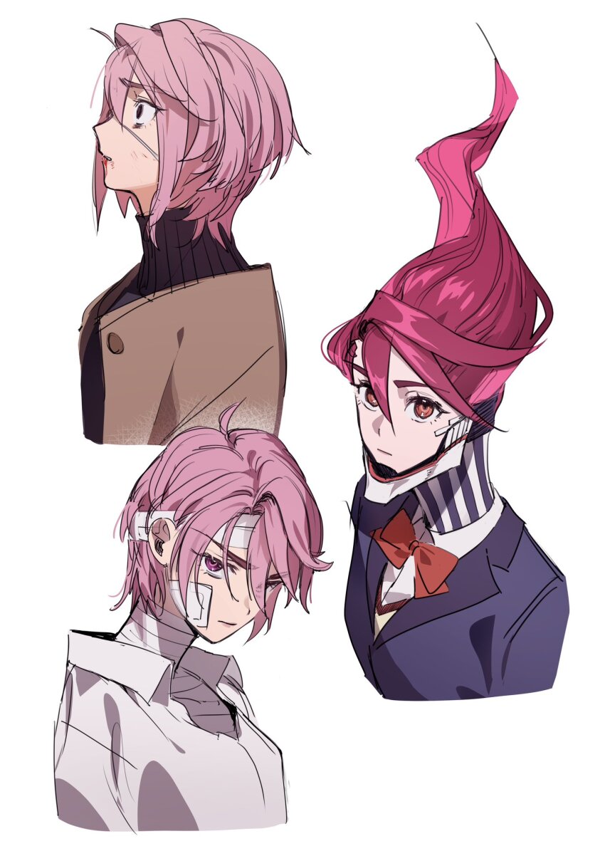 1girl alternate_form alternate_hairstyle coat dandadan eyepatch highres pink_eyes pink_hair red_eyes school_uniform shiratori_aira_(dandadan) simple_background solo transformation upper_body ycy5nljkl410219