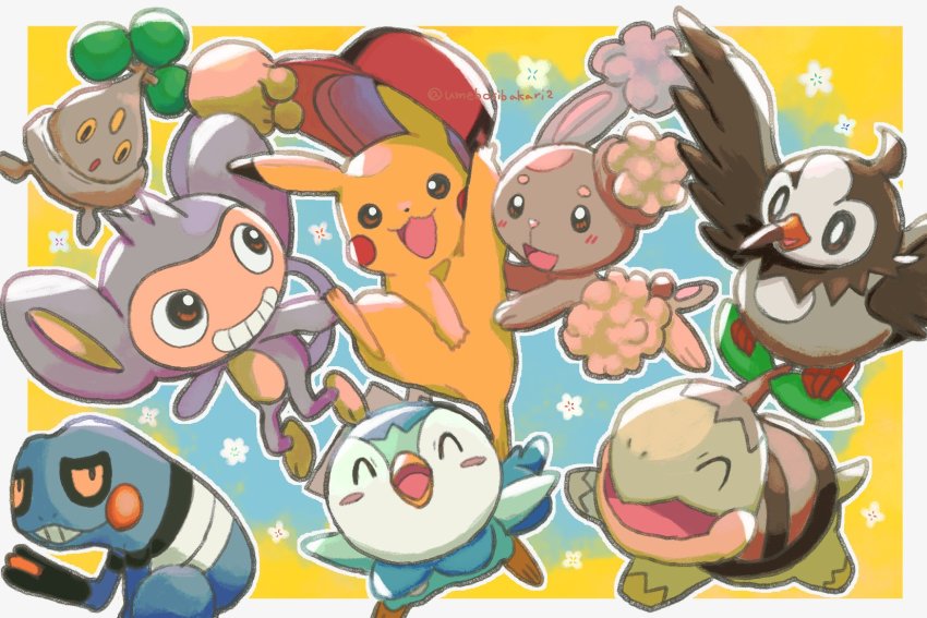 :d aipom baseball_cap blush bonsly buneary commentary_request croagunk gen_1_pokemon gen_2_pokemon gen_4_pokemon grin hat highres nintendo no_humans open_mouth outline pikachu piplup pokemon pokemon_(creature) red_headwear smile starly tongue turtwig umebosibakari2