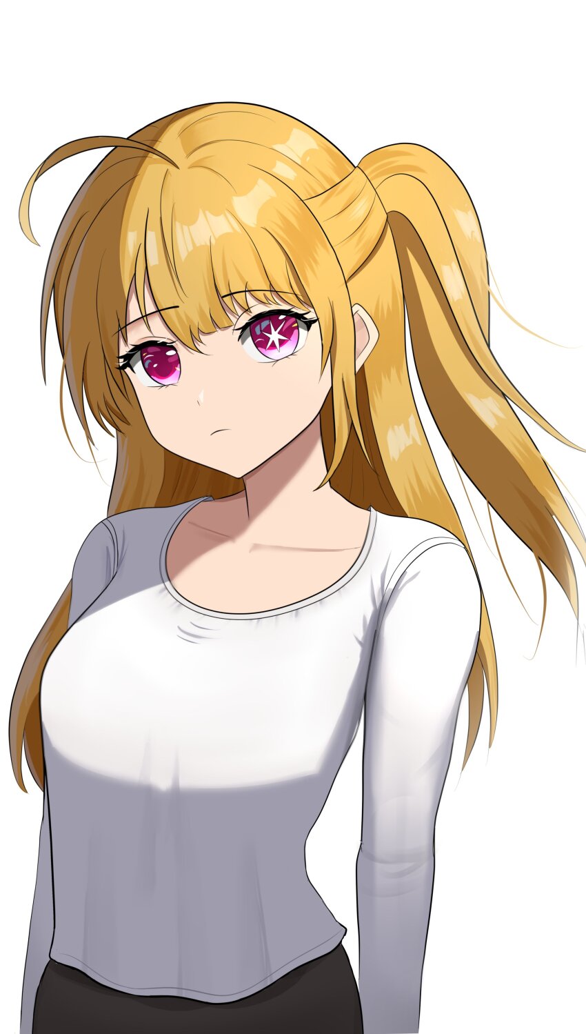 absurdres black_pants highres hoshino_ruby oshi_no_ko pants self-upload shirt solo symbol-shaped_pupils upper_body white_background white_shirt yissou_art