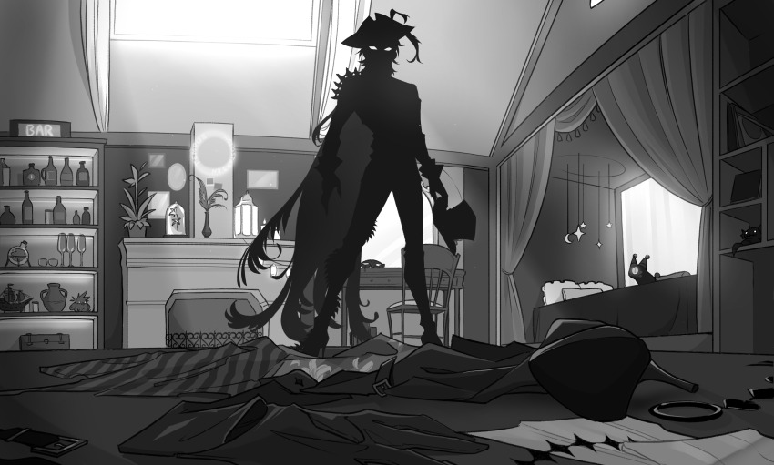 1boy absurdres axelotl_(axel_syrios) bed bicorne bottle cape commentary creature curtains english_commentary fireplace full_body gavis_bettel gigglepox gloves greyscale hakkito_(banzoin_hakka) hat highres holding holding_unworn_clothes holding_unworn_hat holostars holostars_english indoors light_rays looking_ahead looking_at_another male_focus monochrome phantom_(gavis_bettel) second-party_source silhouette solo_focus standing top_hat unworn_clothes unworn_hat unworn_headwear virtual_youtuber