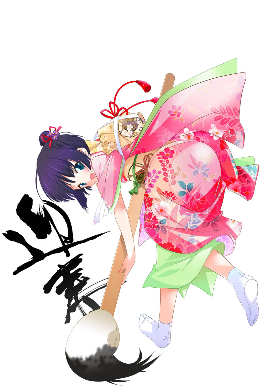 1girl anko_koubou ass bent_over blush calligraphy_brush child feet female_focus giant_brush green_eyes highres ikoku_meiro_no_croisee japanese_clothes kimono looking_back paintbrush purple_hair socks solo tabi yune_(ikoku_meiro_no_croisee)