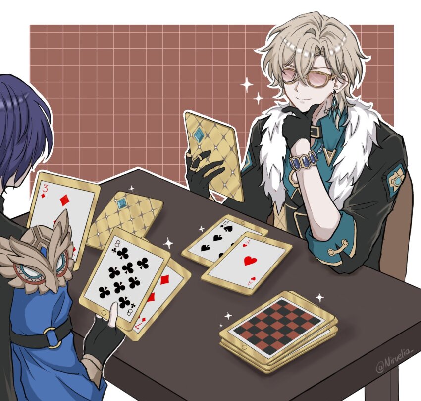 2boys ace_(playing_card) ace_of_hearts aqua_shirt armor artist_name aventurine_(honkai:_star_rail) black_collar black_gloves black_jacket black_shirt black_vest blonde_hair border bracelet card card_game chair cleavage_cutout closed_mouth clothing_cutout club_(shape) collar collared_shirt commentary crossed_bangs diamond_(shape) dr._ratio_(honkai:_star_rail) earrings eight_of_clubs english_commentary facing_away fingerless_gloves from_behind fur-trimmed_jacket fur_trim glasses gloves gold_trim grid_background hair_between_eyes half_gloves hand_on_own_chin hands_up heart highres holding holding_card honkai:_star_rail honkai_(series) jacket jewelry male_focus multiple_boys multiple_rings neck_tattoo nirvelia on_chair open_clothes open_jacket outside_border parted_bangs pauldrons playing_card purple-tinted_eyewear purple_hair red_background ring seven_of_diamonds shirt short_hair shoulder_armor simple_background single_earring sitting six_of_spades sleeves_rolled_up smile spade_(shape) sparkle split_mouth table tablet_pc tattoo three_of_diamonds tinted_eyewear twitter_username vambraces vest white_border wing_collar yellow-framed_eyewear