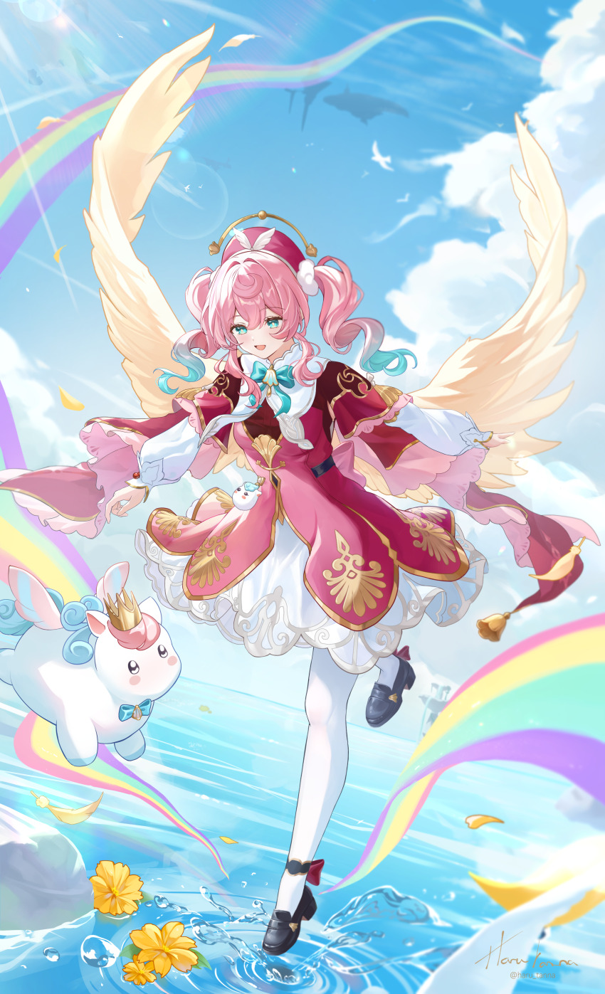 1girl absurdres aqua_eyes aqua_hair beret black_shoes blue_sky cloud commentary dress english_commentary full_body gradient_hair hair_between_eyes harukix hat highres honkai:_star_rail honkai_(series) hyacine_(honkai:_star_rail) little_ica_(honkai:_star_rail) loafers long_sleeves medium_hair multicolored_hair open_mouth outdoors pantyhose pink_hair red_dress red_hat shoes sky smile water white_dress white_pantyhose wings