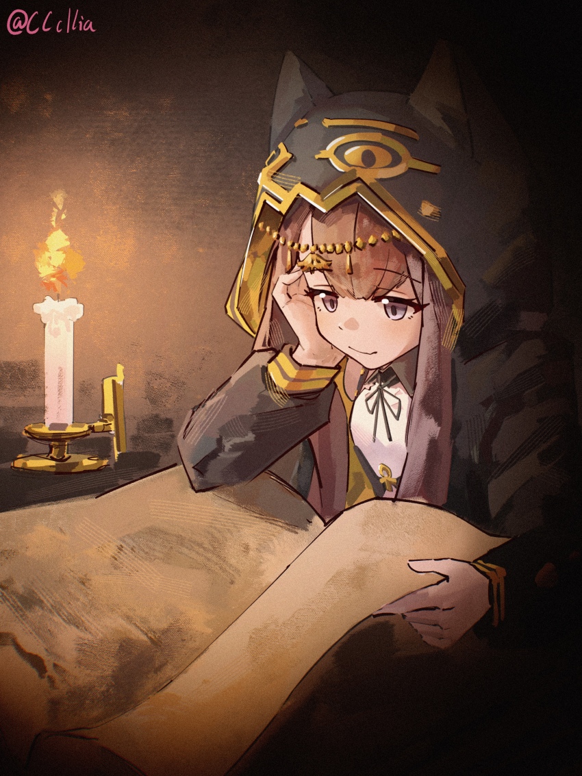 1girl absurdres ankh arknights black_jacket brown_hair candle candlelight candlestand chinese_commentary closed_mouth commentary_request fire gold grey_eyes hand_on_own_cheek hand_on_own_face head_chain highres hood hood_up hooded_jacket jacket jewelry long_hair long_sleeves making-of_available pepe_(arknights) reading sakuratani_hane smile solo