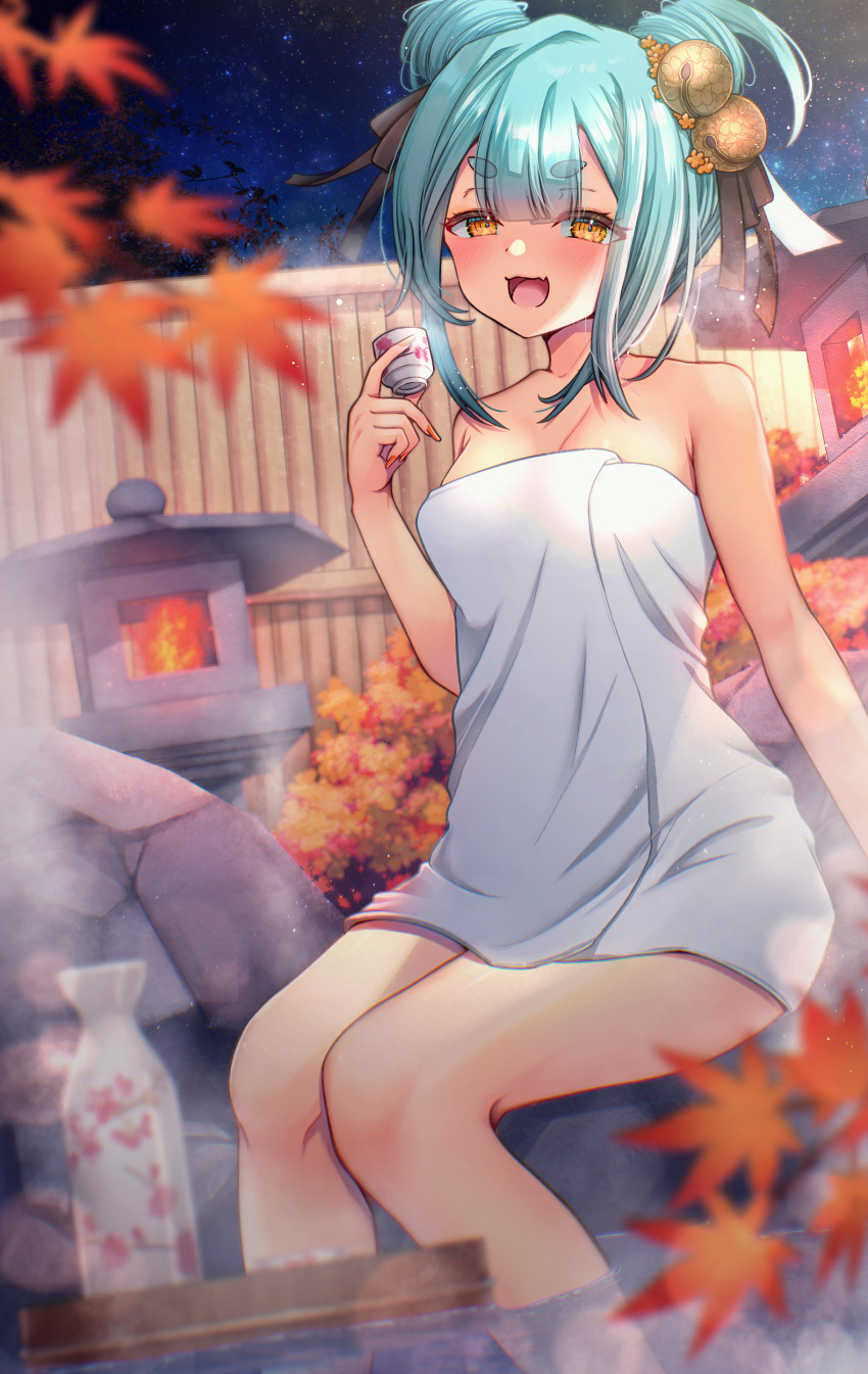 1girl :d absurdres bamboo_fence black_ribbon blush bottle breasts cup cyberlive fence hair_ribbon highres holding holding_cup inami_yoki inami_yoki_(artist) long_hair looking_at_viewer naked_towel night night_sky onsen open_mouth ribbon rock sitting sky smile soaking_feet solo star_(sky) starry_sky tongue towel tray virtual_youtuber water