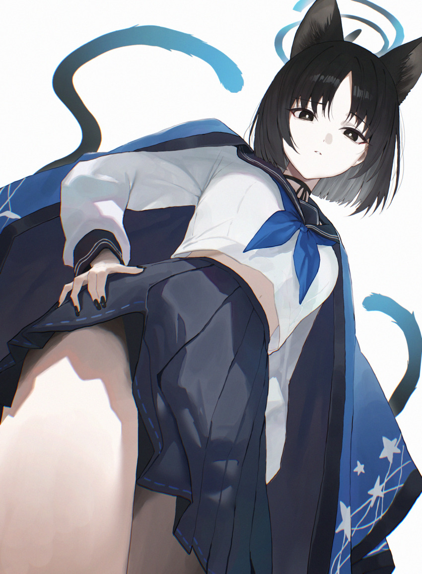 1girl animal_ear_fluff animal_ears black_eyes black_hair black_nails black_ribbon black_skirt blue_archive blue_haori blue_neckerchief bright_pupils cat_ears cat_girl cat_tail commentary_request extra_ears fingernails from_below hand_on_own_hip haori haori_on_shoulders highres japanese_clothes kikyou_(blue_archive) looking_at_viewer midriff_peek multiple_tails nail_polish neck_ribbon neckerchief pleated_skirt ribbon senriyama short_hair simple_background skirt solo tail thighs two_tails white_background white_pupils