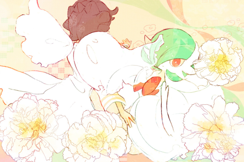 2girls bob_cut braid brown_hair diantha_(pokemon) dress flower from_behind gardevoir gen_3_pokemon green_hair hair_over_one_eye jacket kappaman looking_at_viewer mega_gardevoir mega_pokemon mega_stone multiple_girls nintendo pink_eyes pokemon pokemon_(creature) white_dress white_jacket
