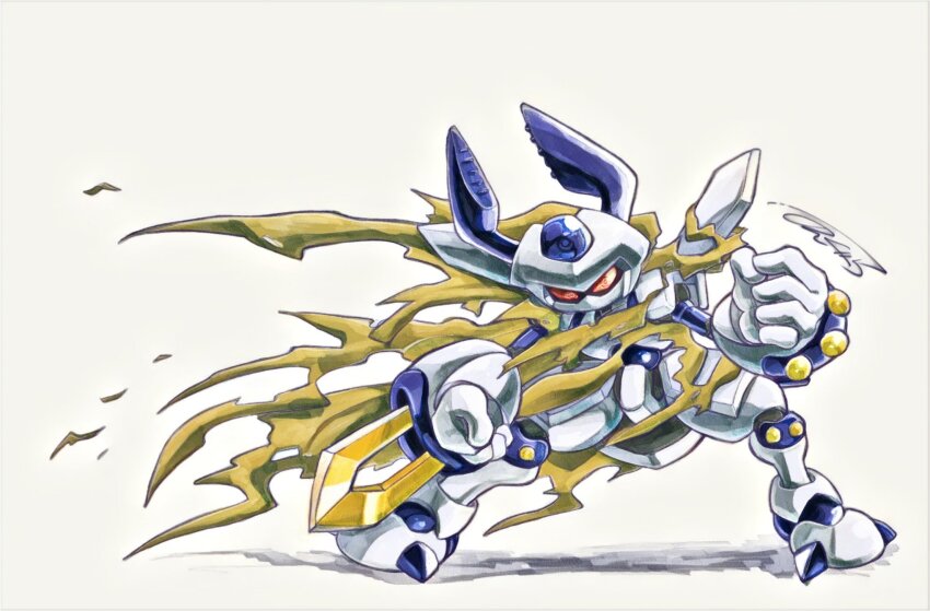 1boy arm_blade armor brown_cloak cloak full_body highres humanoid_robot male_focus medarot nongura red_eyes robot rokusho_(medarot) simple_background solo torn_cloak torn_clothes weapon white_armor white_background