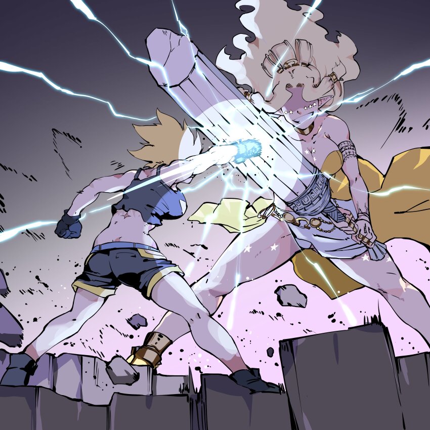 2girls absurdres antares_topaz arm_tattoo battle blonde_hair broken_pillar canis_majoris_(antares_topaz) facial_mark gloves grin height_difference highres lightning multiple_girls original punching shockwave shorts smile star_(symbol) star_facial_mark tank_top tattoo teeth topaz_(antares_topaz)