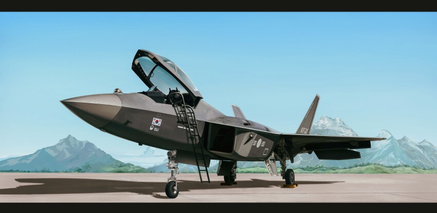 absurdres aircraft airplane blue_sky canopy_(aircraft) day fighter_jet highres hill kf-21_boramae korea_aerospace_industries ladder landing_gear logo mikanjam military military_vehicle mixed-language_commentary mountainous_horizon multilingual_commentary no_humans original outdoors product_placement roundel runway shadow sky south_korean_flag tree vehicle_focus