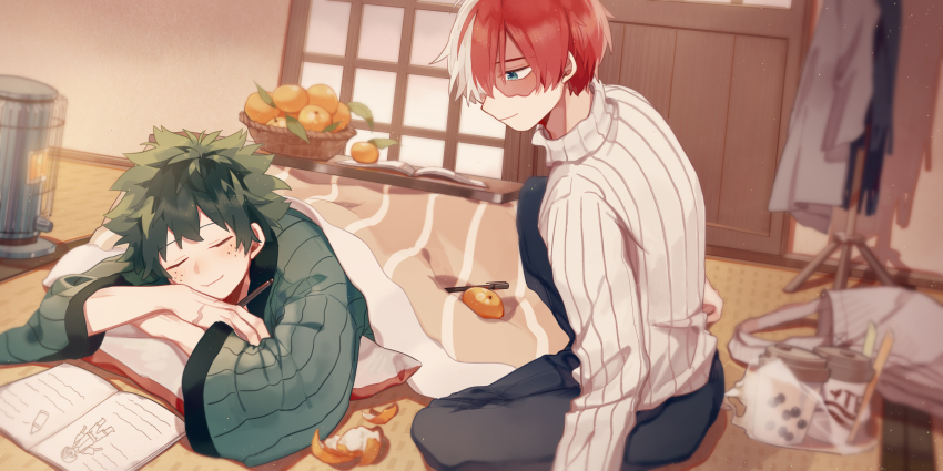 2boys absurdres alternate_costume amarouhi bag basket black_pants blanket blue_eyes blurry blush boku_no_hero_academia book bubble_tea burn_scar cheek_press chinese_commentary closed_eyes closed_mouth clothes coat coat_rack cup depth_of_field disposable_cup drawing drinking_straw dutch_angle food freckles fruit green_hair hand_on_floor hanten_(clothes) happy head_on_arm heater highres indoors kerosene_heater knee_up kotatsu light_particles long_sleeves looking_at_another lying male_focus mandarin_orange midoriya_izuku multicolored_hair multiple_boys notebook official_alternate_costume on_floor on_stomach open_book orange_peel pants perspective pinstripe_pattern pinstripe_sweater plastic_bag profile red_hair scar scar_on_face scar_on_hand shadow shopping_bag short_hair shouji sitting sleeping sliding_doors smile split-color_hair straight_hair sweater table todoroki_shouto turtleneck turtleneck_sweater two-tone_hair under_kotatsu under_table vertical-striped_sweater white_hair white_sweater