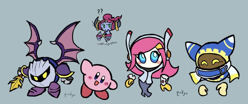? ?? armor bat_wings blue_eyes blush_stickers colored_skin crossover galaxia_(sword) gen_6_pokemon gloves hair_ornament hairclip highres holding holding_sword holding_weapon hoopa hoopa_(confined) horns kirby kirby_(series) legendary_pokemon magolor meta_knight mythical_pokemon nintendo pauldrons pink_hair pink_skin pokemon pokemon_(creature) quikyu rayman_limbs shoulder_armor signature susie_(kirby) sword weapon wings yellow_eyes yellow_gloves