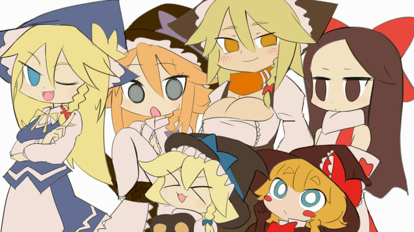&gt;_&lt; 6+girls :3 :d akane_(cookie) ayuki_(47881314) black_gloves black_hat black_vest blonde_hair blue_bow blue_eyes blue_hat blue_skirt blue_vest blush blush_stickers bow bowtie braid breasts bright_pupils brown_eyes brown_hair cleavage closed_eyes closed_mouth commentary_request cookie_(touhou) cowboy_shot fang freckles frilled_hat frills gloves grey_eyes hair_bow hakurei_reimu hat hat_bow kirisame_marisa kohaku_(cookie) large_breasts long_hair looking_at_viewer meguru_(cookie) multiple_girls open_mouth orange_scarf purple_bow red_bow red_bowtie ruka_(cookie) scarf shiromiya_rei shirt short_hair side_braid simple_background single_braid skirt skirt_set sleeves_past_fingers sleeves_past_wrists smile swept_bangs touhou turtleneck turtleneck_shirt vest white_background white_pupils white_scarf white_shirt witch_hat xd yuuhi_(cookie)