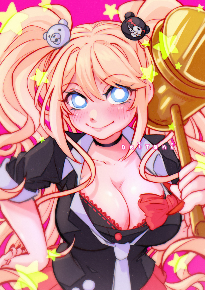 1girl artist_name bear_hair_ornament black_shirt blonde_hair blue_eyes blush bow breasts bright_pupils cleavage closed_mouth commentary danganronpa:_trigger_happy_havoc danganronpa_(series) english_commentary enoshima_junko eyelashes hair_ornament hammer hand_on_own_hip highres holding holding_hammer large_breasts long_hair nail_polish necktie oritani pink_background red_bow red_nails red_skirt shirt short_sleeves skirt smile solo twintails white_necktie white_pupils