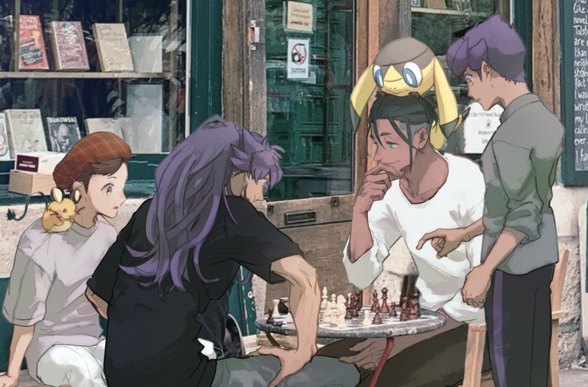 4boys alternate_costume black_hair board_game brown_hair chair chess chess_piece closed_mouth commentary_request dedenne earrings fiz_breakfast gen_6_pokemon hat helioptile highres hop_(pokemon) jewelry leon_(pokemon) male_focus multiple_boys nintendo on_head open_mouth pants photo_background plaid_clothes plaid_headwear playing_chess pokemon pokemon_(creature) pokemon_on_head pokemon_swsh raihan_(pokemon) shirt short_hair short_sleeves sitting smile t-shirt victor_(pokemon)