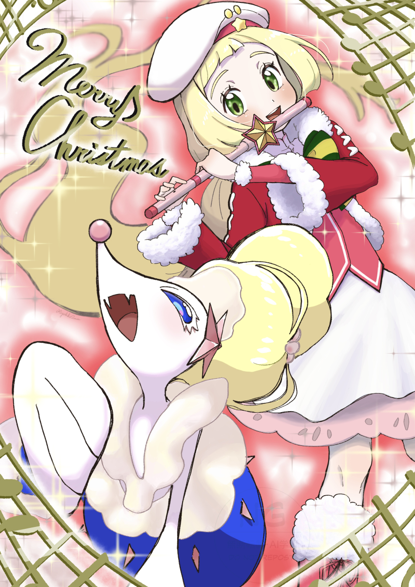 1girl :d absurdres alternate_color blonde_hair dress flute gen_7_pokemon green_eyes hat highres hiyokko2min holding holding_flute holding_instrument instrument lillie_(holiday_2024)_(pokemon) lillie_(pokemon) long_hair long_sleeves looking_at_viewer merry_christmas music nintendo official_alternate_costume open_mouth playing_instrument pokemon pokemon_(creature) pokemon_masters_ex primarina recorder shiny_pokemon smile teeth upper_teeth_only white_hat