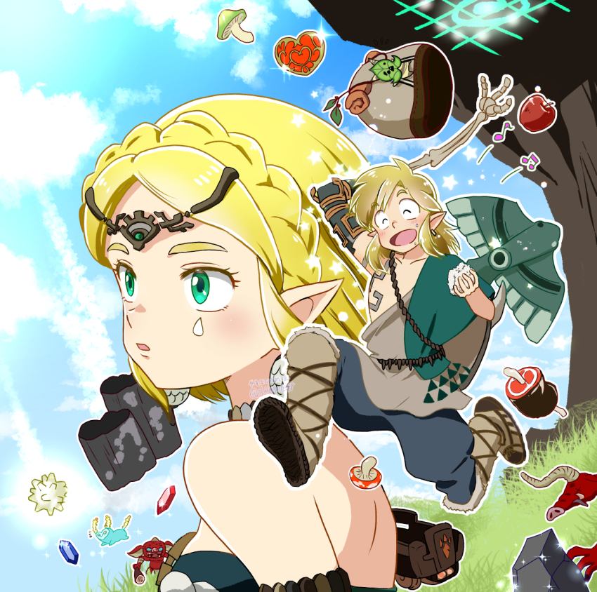 01angelegg 1boy 1girl 4others ^_^ ancient_set_(zelda) apple backpack bag bare_shoulders blonde_hair blue_pants bokoblin closed_eyes cloud cloudy_sky dress facing_viewer food fruit full_body fur-trimmed_footwear fur_trim grass green_eyes heart holding holding_food korok link looking_to_the_side moblin multiple_others mushroom musical_note nintendo onigiri open_mouth outdoors pants parody pointy_ears princess_zelda running sky sleeveless sleeveless_dress smile style_parody takahashi_rumiko_(style) the_legend_of_zelda the_legend_of_zelda:_tears_of_the_kingdom tree upper_body