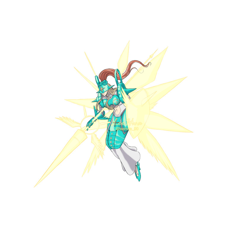 1girl absurdres airborne angel angel_girl angel_wings armor artist_request blonde_hair breastplate breasts covered_eyes digimon digimon_(creature) dress facing_to_the_side flying full_body gauntlets gloves glowing helmet highres holding holding_lance holding_polearm holding_shield holding_weapon lance long_hair midriff navel ofanimon polearm shield shoes shoulder_armor simple_background skirt solo star_(symbol) weapon white_background wings