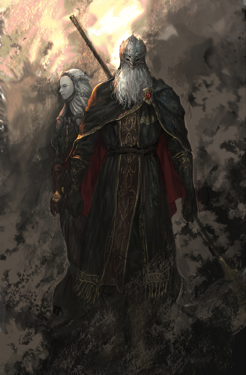 2boys black_gloves black_robe cape cloak commentary elden_ring elden_ring:_shadow_of_the_erdtree english_commentary facial_hair gem gloves grey_facial_hair helm helmet highres holding holding_polearm holding_weapon junjiuk looking_at_viewer mask multiple_boys obscured_eyes polearm red_gemstone robe sir_ansbach smoke thiollier_(elden_ring) weapon white_hood white_mask