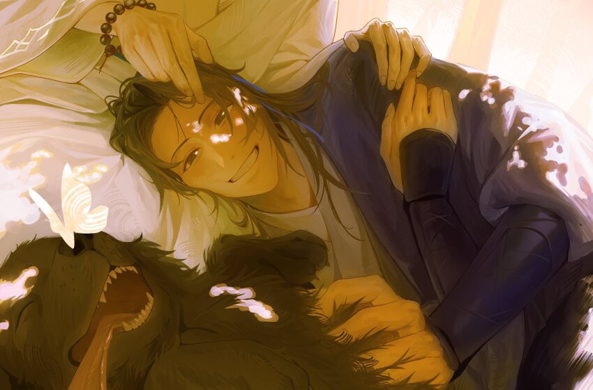 2boys bead_bracelet beads blue_hanfu blue_ribbon bracelet brown_eyes brown_hair bug butterfly chinese_clothes commission dog du_zhu_you_bing grin hair_ribbon hand_on_another&#039;s_head hand_on_another&#039;s_shoulder hanfu head_out_of_frame highres insect jewelry lap_pillow long_hair long_sleeves looking_at_viewer male_focus multiple_boys petting ribbon second-party_source smile tree unholymilk upper_body white_hanfu wide_sleeves xiahou_lian xie_jinglan