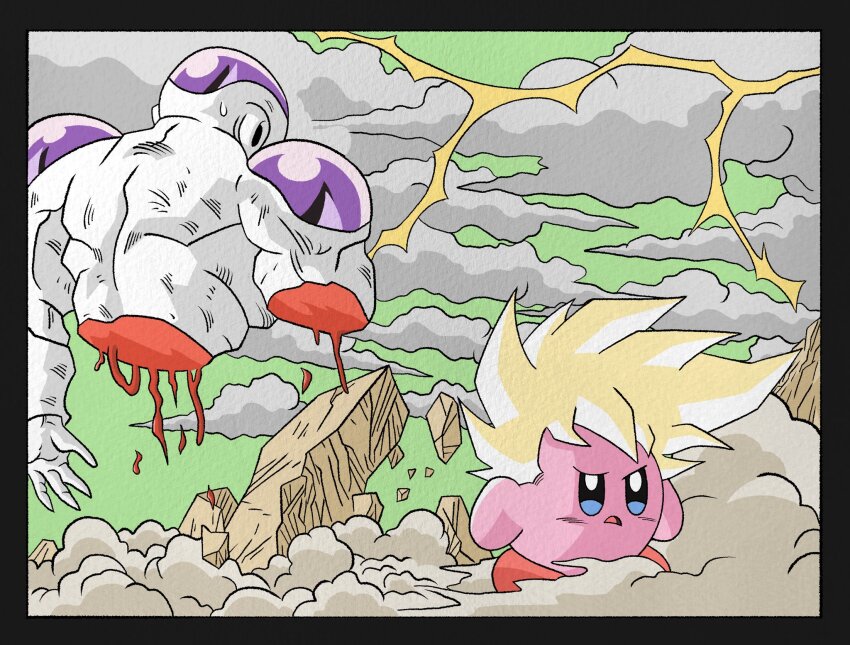 2boys blonde_hair blood colored_skin cosplay crossover dragon_ball dragonball_z electricity final_form_frieza floating_hair frieza highres kirby kirby_(series) looking_at_another medium_hair multiple_boys nintendo son_goku son_goku_(cosplay) spiked_hair super_saiyan super_saiyan_1 wesatinthecar white_skin