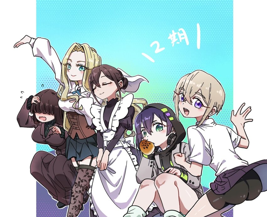 5girls :d apron ass back_bow bike_shorts bike_shorts_under_skirt black_dress black_footwear black_headphones black_hoodie black_jacket black_skirt black_sweater black_thighhighs blazer blonde_hair blue_background blue_eyes border bow bread_bun breasts brown_corset brown_hair clenched_hand closed_eyes clothes_lift collared_shirt corset covered_eyes curly_hair curtained_hair dalidari27 drawstring dress eyelashes floral_print_thighhighs flying_sweatdrops food_in_mouth frilled_apron frilled_suspenders frills from_behind garter_straps gradient_background green_background green_eyes grey_jacket grey_skirt hair_between_eyes hair_bun hair_over_eyes hand_on_lap hand_on_own_chest hand_on_own_head haraga_kurumi headphones headphones_around_neck highres hood hood_up hoodie jacket jacket_over_hoodie juliet_sleeves kakure_meme kimi_no_koto_ga_dai_dai_dai_dai_daisuki_na_100-nin_no_kanojo knees_up large_breasts light_blush long_hair long_skirt long_sleeves looking_at_viewer loose_socks maid maid_apron maid_headdress medium_breasts meido_mei mouth_hold multiple_girls ohananomitsu_high_school_uniform ohananomitsu_middle_school_uniform open_mouth outline outstretched_arm own_hands_together pleated_skirt puffy_sleeves purple_background purple_eyes purple_hair school_uniform shirt short_hair short_sleeves sidelocks single_hair_bun sitting skirt skirt_lift smile socks sutou_iku sweater teeth thick_eyebrows thighhighs underbust upper_teeth_only utsukushisugi_mimimi veil very_long_hair waving wavy_mouth white_apron white_border white_outline white_shirt white_veil