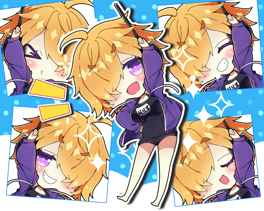 &gt;_&lt; 1girl :d ^_^ absurdres ahoge arm_up bare_legs barefoot black_one-piece_swimsuit blue_background blush brown_hair chibi closed_eyes commentary_request covered_navel drawstring facing_viewer grin hair_over_one_eye highres hood hood_down hooded_jacket jacket long_sleeves milkpanda multiple_views o3o old_school_swimsuit one-piece_swimsuit one_piece open_clothes open_jacket open_mouth outline polka_dot polka_dot_background puffy_long_sleeves puffy_sleeves purple_eyes purple_jacket school_swimsuit short_eyebrows sleeves_past_wrists smile sparkle swimsuit swimsuit_under_clothes thick_eyebrows two-tone_background vegapunk_lilith white_background white_outline
