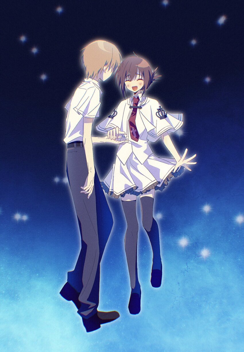 1boy 1girl :d ^_^ black_pants black_thighhighs blush brown_hair capelet closed_eyes collared_shirt commentary couple facing_another film_grain folded_ponytail frilled_skirt frills from_behind full_body hair_between_eyes happy hashtag-only_commentary hetero highres holding_hands light_brown_hair mamiya_takuji medium_hair midair miniskirt necktie night open_mouth outdoors outstretched_hand pants pleated_skirt red_necktie shirt short_hair short_sleeves skirt smile standing subarashiki_hibi szhr_chise tachibana_kimika tears thighhighs white_capelet white_shirt zettai_ryouiki