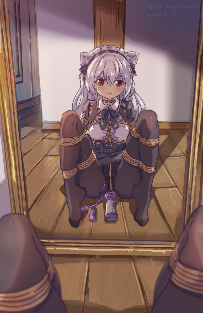 1girl absurdres animal_ears ball_gag bdsm bondage bound choker commission crotch_rope egg_vibrator female_focus gag highres hitachi_magic_wand long_hair looking_at_mirror maid mirror nero_augustus original pov red_eyes sex_toy shibari shibari_over_clothes solo spread_legs tied_up_(nonsexual) vibrator white_hair
