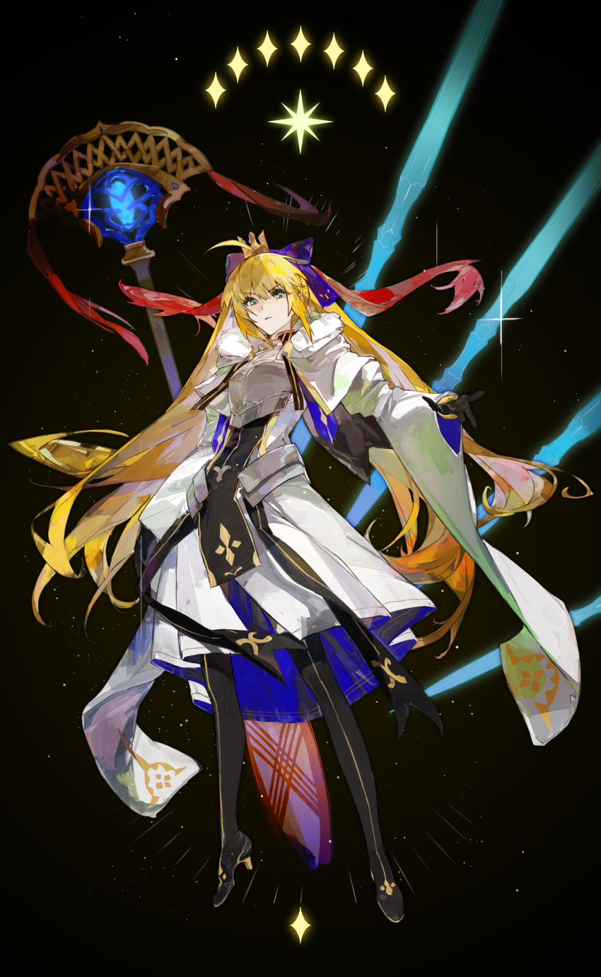 1girl absurdres armor armored_dress artoria_caster_(fate) artoria_caster_(third_ascension)_(fate) artoria_pendragon_(fate) black_background black_gloves black_thighhighs blonde_hair blue_bow bow breastplate breasts cape capelet closed_mouth crown dress fate/grand_order fate_(series) fui_(fui29493452) full_body fur-trimmed_cape fur-trimmed_capelet fur_trim gloves green_eyes hair_between_eyes hair_bow highres long_hair long_sleeves looking_at_viewer marmyadose_(fate) mini_crown multicolored_ribbon outstretched_hand reaching reaching_towards_viewer ribbon simple_background skirt solo spread_fingers standing star_(symbol) star_symbol_background thighhighs very_long_hair weapon white_dress
