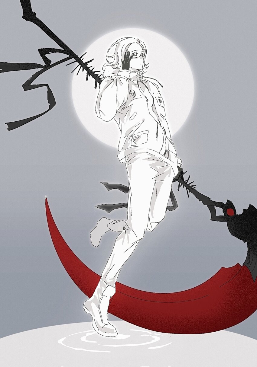 1boy aotsuki_eito black_gloves drawstring full_body glasses gloves gradient_background grey_background hand_up highres holding holding_scythe holding_weapon limited_palette male_focus parted_hair scythe simple_background solo solo_focus the_hundred_line_-last_defense_academy- weapon