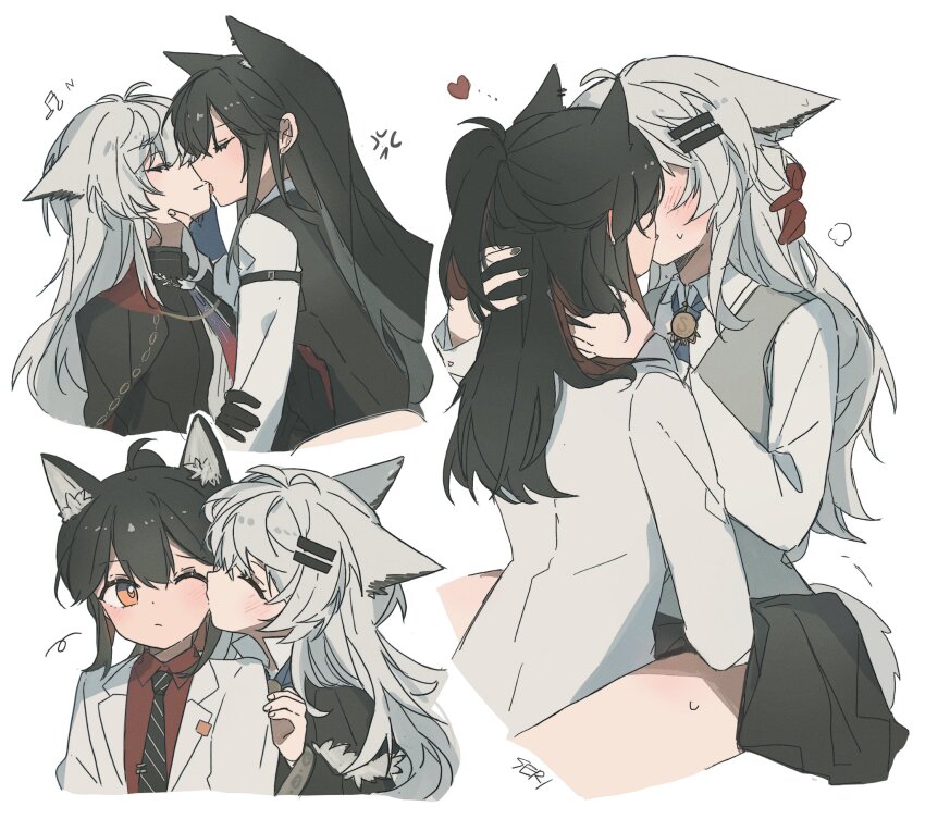 2girls anger_vein animal_ears arknights black_gloves black_hair black_nails black_necktie black_skirt blush closed_eyes closed_mouth gloves grey_vest hair_ornament hairclip heart highres jacket kiss kissing_cheek lappland_(arknights) long_hair multiple_girls necktie one_eye_closed open_mouth orange_eyes pleated_skirt red_gloves red_shirt seri_(vyrlw) shirt simple_background skirt smile tail texas_(arknights) vest white_background white_jacket wolf_ears wolf_girl wolf_tail yuri